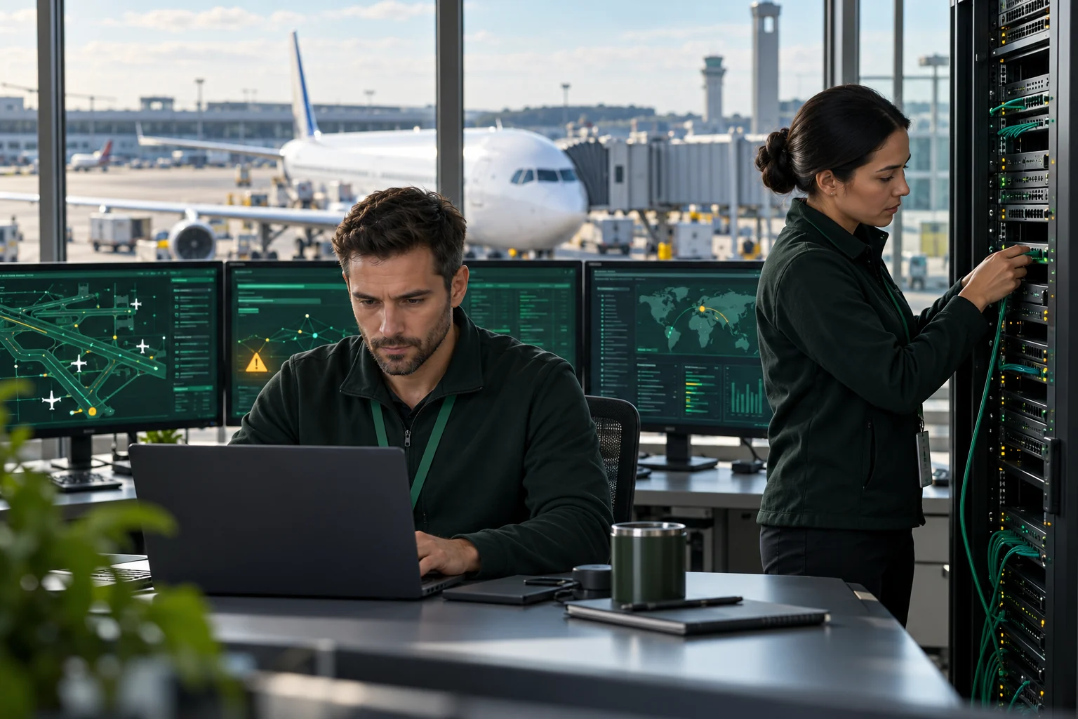 Incident response specialists checking airport systems beside a server rack