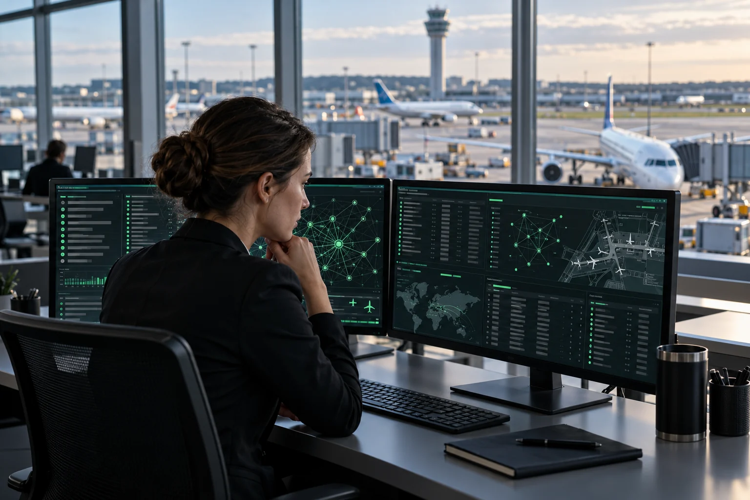 Airport threat intelligence analyst reviewing connections and publicly available information