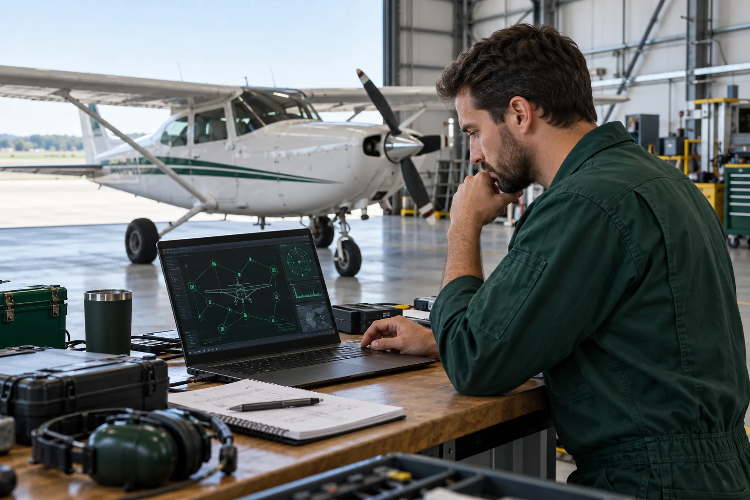 Aviation engineer reviewing connectivity beside a conventional light aircraft in a hangar