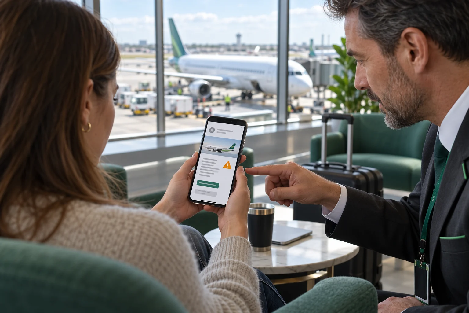 Traveller and adviser reviewing a suspicious flight booking email in an airport lounge