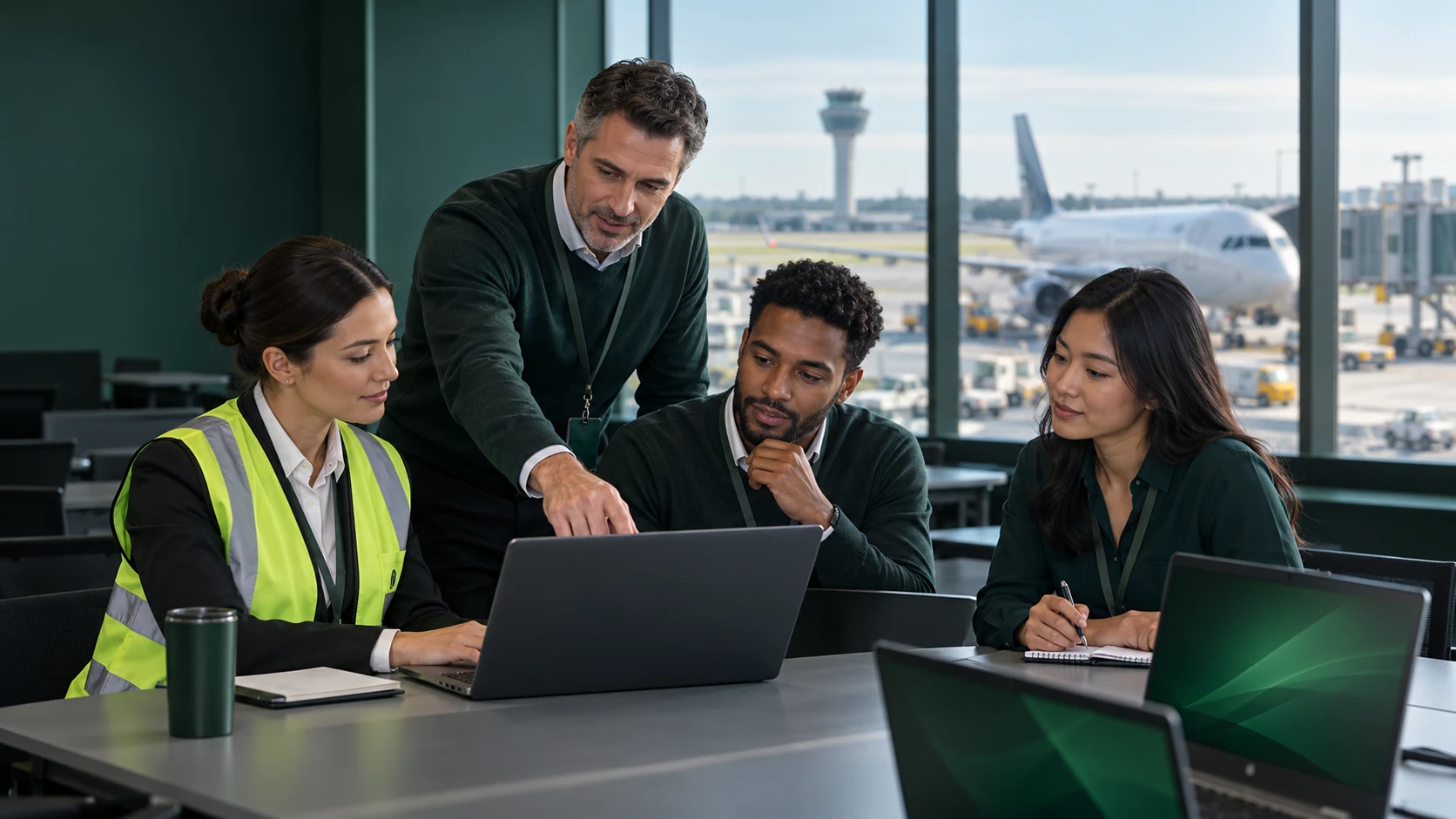 Airport staff practising cyber awareness skills with an instructor and laptops