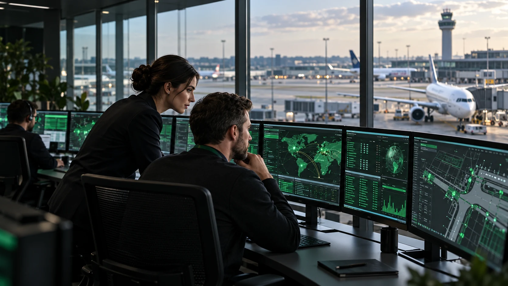 Airport cyber security specialists monitoring connected operations