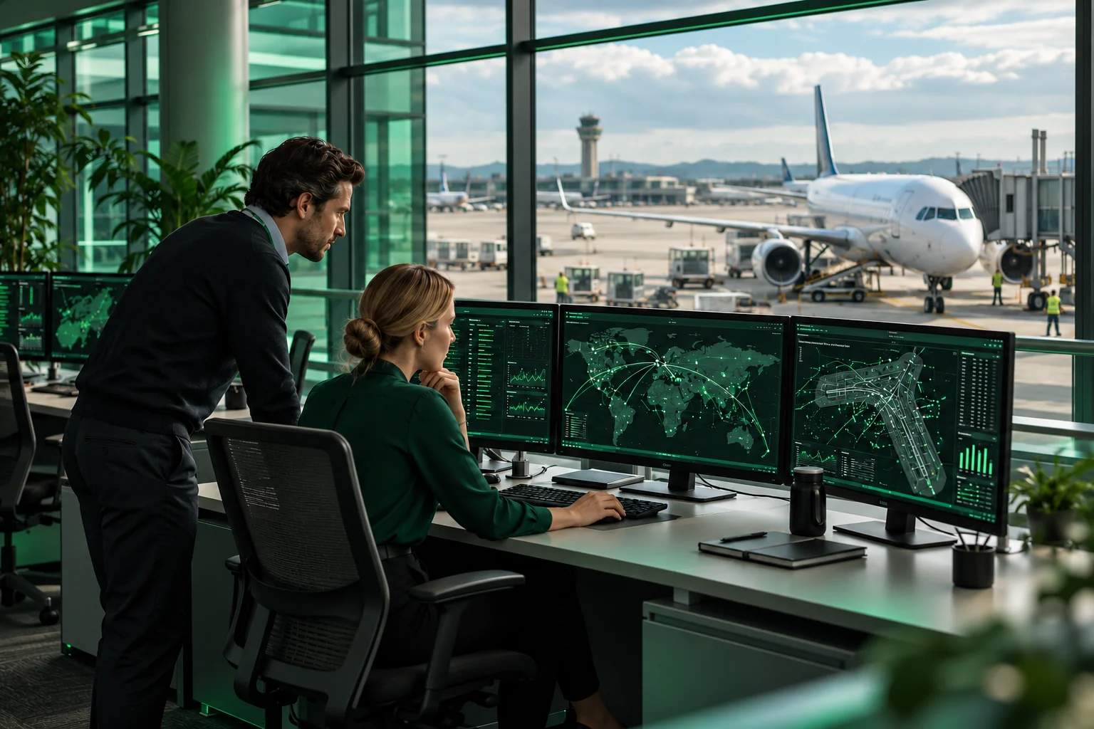 Cyber security specialists reviewing airport networks with an aircraft at the terminal gate