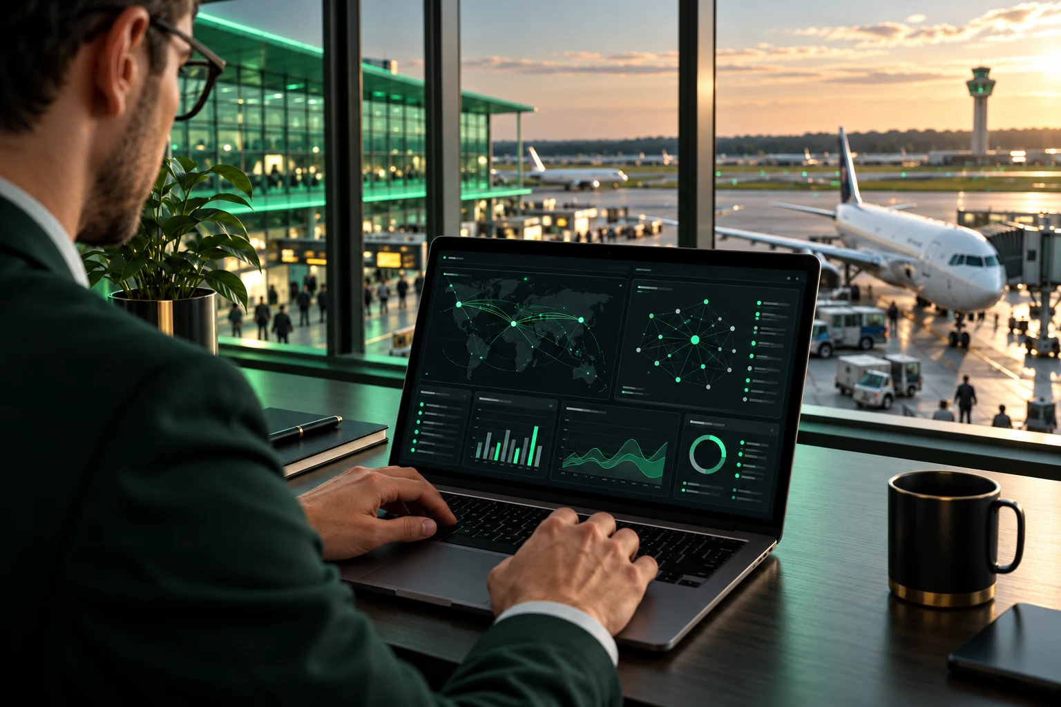 Analyst reviewing a security testing dashboard overlooking an airport terminal
